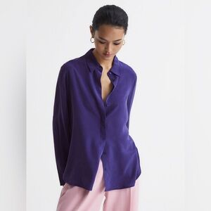 Reiss Royal Purple Kia 100% Silk Classic Button Down Shirt Quiet Luxury Career
